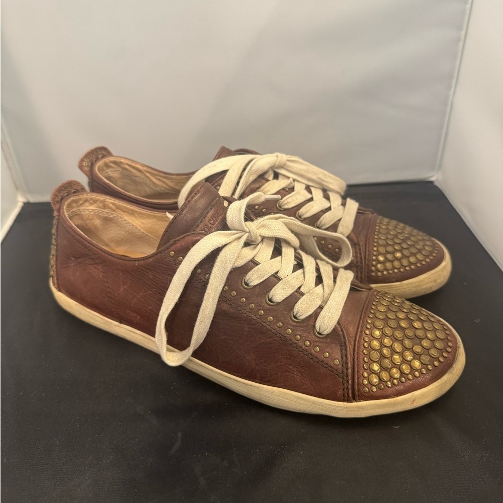 Frye Brown Leather Studded Low-Top Sneakers with Cream Laces